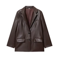 Classic brown faux leather blazer featuring a notched lapel and sleek button closure - XS / Coffee