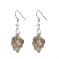 Detailed macro view of handmade wire-wrapped raw smokey quartz crystal earrings - Silver + Smoky Quartz