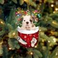 Bulldogge Welpe im roten Weihnachtsstrumpf Anhänger mit Rentiergeweih und Lichtern - Bulldogge Typ