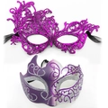 Masquerade set featuring fuchsia lace mask and purple silver glitter painted half-face mask - Phoenix Style-Silver Purple Set