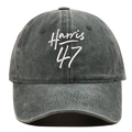 Close-up of Harris 47 white embroidery on vintage washed dark gray cotton baseball cap - Army Green