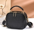 Chic black crocodile pattern handbag with golden zippers and wide woven shoulder strap - Black Crocodile Pattern