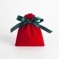 Red velvet jewelry gift pouch featuring a dark green satin drawstring ribbon bow - 7x9cm / Red With Green Ribbon
