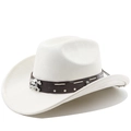 Detail of white suede cowboy hat with brown leather band, silver skulls and metal studs - M (56-58cm) / Cream