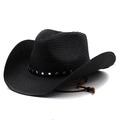 Detail of black woven straw cowboy hat with silver studded leather band and chin strap - M(56-58cm) / Black