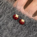 Elegant red enamel persimmon stud earrings with gold leaves on grey knit background - Red Artificial Persimmon Stud Earrings (28# Silver Earring Post - Gold-tone)