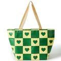 Green and beige checkered tote bag with heart patterns and durable woven texture - Large / Green Heart