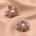 Handmade flower earrings with purple gravel gemstones and natural white pearl centers - Amethyst Chip Flower Studs (Purple)