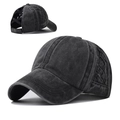 Gorra de béisbol de cola de caballo gris oscuro lavado con diseño elástico cruzado detrás - Ajustable / Negro Cruzado Lavado