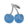 Sparkling blue resin cherry charm with silver leaves and rhinestones for bags - 1Pc White K Lake Blue Transparent Glitter Resin 3D Cherry (30x28mm)
