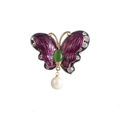 Elegant purple butterfly brooch with green gemstone, rhinestones and white pearl pendant - Opal Pearl Dangle Butterfly