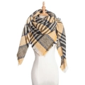 Classic plaid scarf in yellow, brown, and grey with soft fringes on mannequin - Yellow