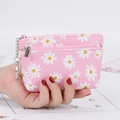 Pink daisy print mini coin purse with metal zipper and keychain for women - Pink