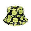 Detail shot of black bucket hat with lemon fruit print and white wavy pattern - Black Lemon Print (L)