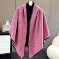 Pink knitted triangle shawl with black zigzag edge trim and textured fabric finish - Rose Pink