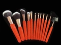 Detail of 13-piece makeup brush set with sparkling orange rhinestones and rose gold handles - Orange Red
