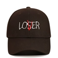Detailed close-up of LOSER embroidery with a red V overlay on black cotton baseball cap - Adjustable / Coffee