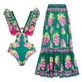 Women deep V neck monokini and maxi skirt set with vintage green grape print - S / Top And Bottom / Cut-Out Ruffle Monokini + Long Skirt
