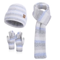 Winter 3-piece set with striped knit hat, scarf and gloves in grey, white and blue - Three-Piece Set / Blue