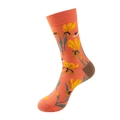 Coral pink crew socks with yellow floral pattern and brown heel accents for women - No. 887 Coral Orange Flower
