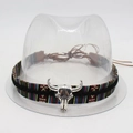 Detail of ethnic woven hat band featuring a silver bull head buckle on a white background - One Size / Colorful Bull Head