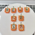 Handmade religious square pendants with orange beaded borders for DIY jewelry making - Orange