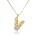 Macro detail of V-shaped gold necklace pendant with paved white cubic zirconia - Letter V