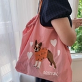 Bolso tote de nailon rosa con bordado de Boston Terrier y parches de corazón elegantes - Perro Rosa con Gafas