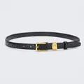 Slim black leather belt for women featuring crocodile texture and gold buckle - Black / 105cm