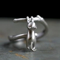 Matte silver cat ring featuring a cute kitten climbing on a natural branch band - Adjustable Open / White Gold