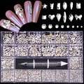 21-grid nail art rhinestone kit with various clear flatback shapes and dual-end wax pen - White Zirconia Set