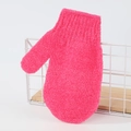 Bright pink exfoliating bath glove made of textured towel fabric shown on a white rack - Mitten Style / Rose Red