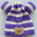 Purple and white striped knitted baby beanie featuring cute 3D bear ears and a teddy patch - Purple