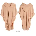 Khaki bohemian knit poncho with fringes, hood and wooden buttons, front and back view - Khaki / 85*190cm