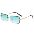 Frameless rectangular sunglasses featuring light blue gradient lenses and gold metal frame - Gold Frame Gradient Green Lens C10