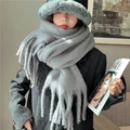 Thick light gray mohair scarf with tassels and matching plush bucket hat for winter - Light Gray