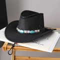 Black woven western cowboy hat with blue bead band and adjustable chin strap - Black