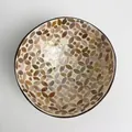 Handcrafted coconut shell bowl with inlaid iridescent mother-of-pearl leaf pattern - Camel Copper Coin Style