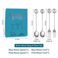 4-piece Eid Mubarak stainless steel spoon and fork set in blue gift box packaging - Circle Silver Moon Star 4pcs Set Blue Box