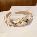 Baroque ocean style headband with sea shells and pearls on a beige satin band - Style J (Beige Pearl Conch)