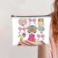 White canvas pencil case with school cartoon prints and black zipper closure - School Supplies Bus Cartoon Style (jiayingpbb0277)