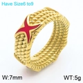 Golden 7mm twisted X ring with red star inlay and textured fish scale surface - US 6 / Gold Red