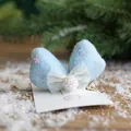 Sky blue Christmas bow hair clip with snowflake sequins and white mesh details - Blue Felt Bow Hair Clip