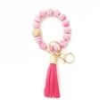Pink marble silicone bead keychain bracelet with natural wood bead and leather tassel - Style 6 (Pink White Marble)