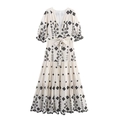 Beiges Maxikleid mit V-Ausschnitt, schwarzer Stickerei, Laternenärmeln und Bindegürtel - XS / Milchweiß