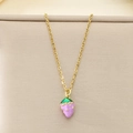 Detailed close-up of a purple strawberry pendant on a gold stainless steel chain necklace - Purple Strawberry (KN292113-Z)