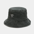 Close-up of heart embroidery and washed vintage texture on charcoal cotton bucket hat - One Size / Army Green