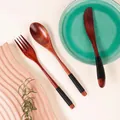 Japanese style nanmu wood cutlery set with dark brown fork spoon knife and black cord handle - Black Wrapped Knife Fork Spoon