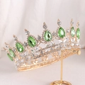 Detail of baroque bridal crown with green teardrop rhinestones and gold metal finish - Gold Base + Light Green