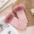 Pink winter thermal knit gloves with faux fur trim and touchscreen function for women - Woolen Triple Line Fur Cuff / Pink